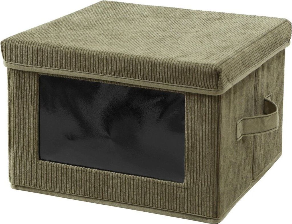 Aufbewahrungsbox aus Kordstoff in Khaki mit transparentem Fenster - L30 cm