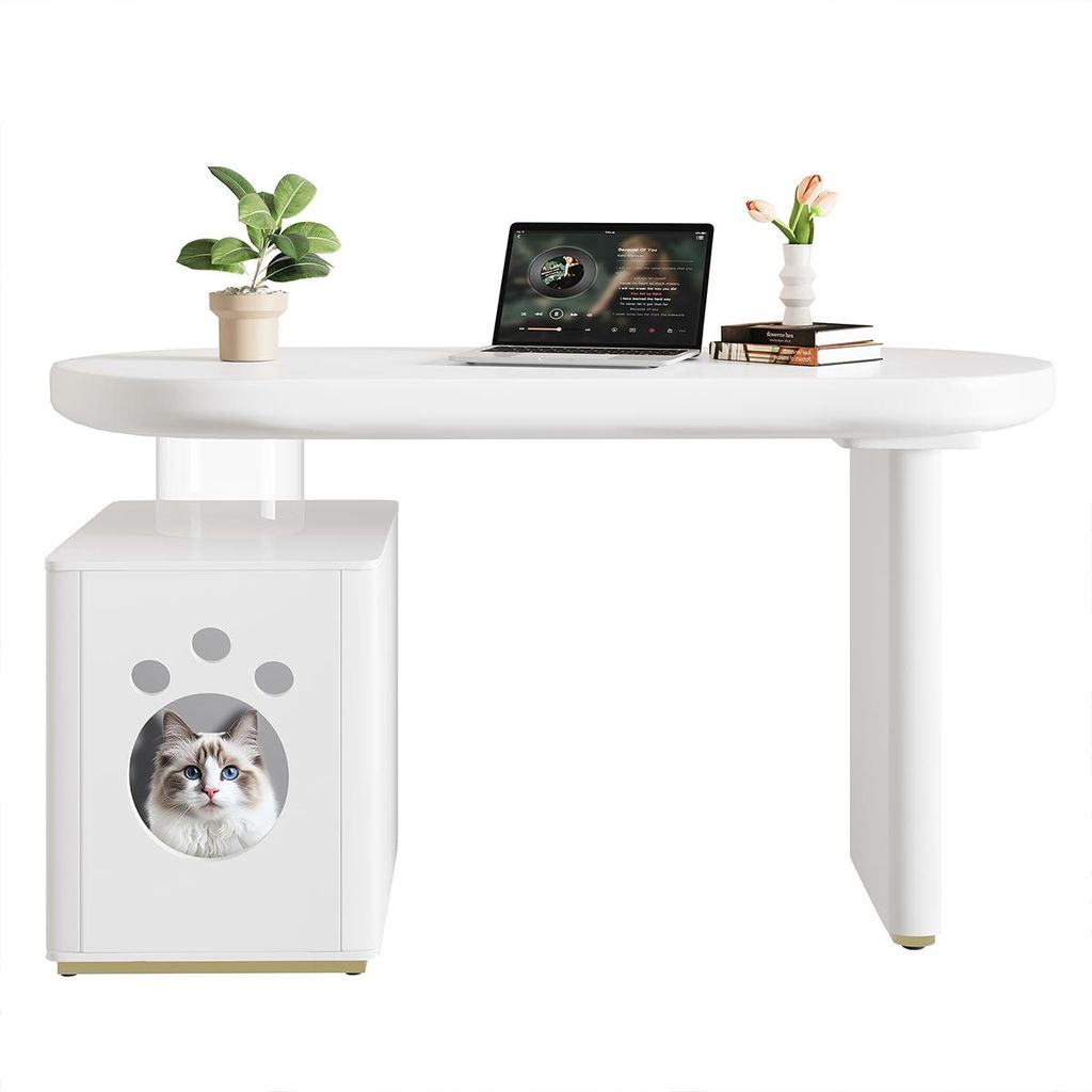 Schreibtisch mit Haustierbett Stabil und Modern Computer-Schreibtisch Haustiergrößen M–XL 117 × 50 × 76 cm Weiß