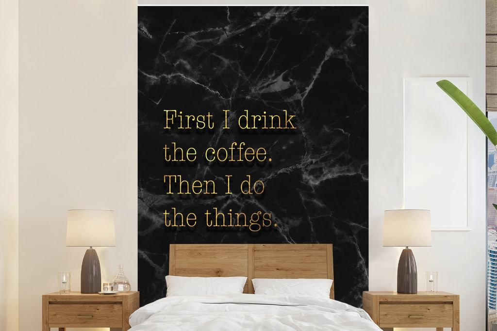 MuchoWow Fototapete für Wohnzimmer oder Schlafzimmer Wandtapete Vinyl Motivtapete Zitate - Kaffee - Gold - Marmor - 200x300 cm - Wanddekorationen