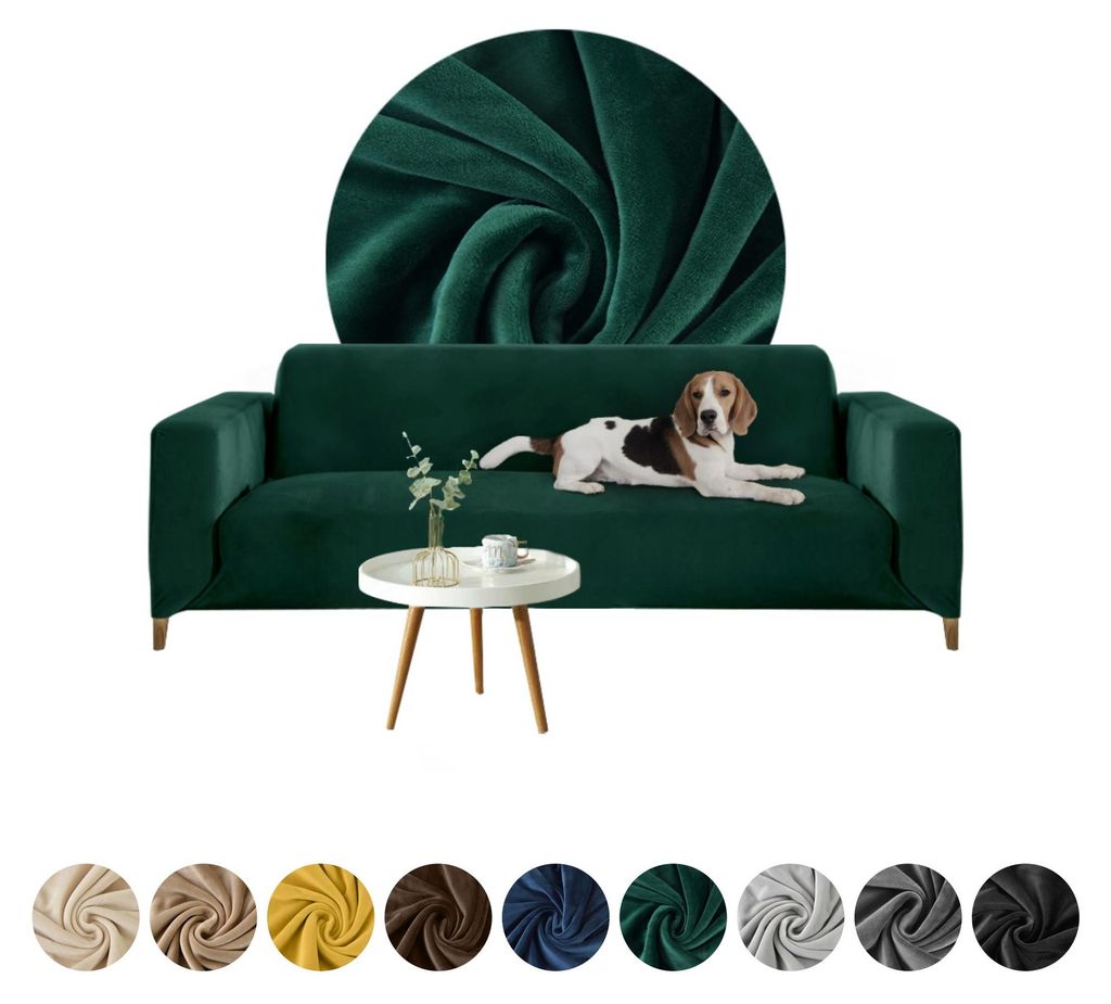 Elastischer Velours-Bezug für 2-Sitzer Sofa, Couch oder Schlafsofa in Dunkelgrün – Schonbezug