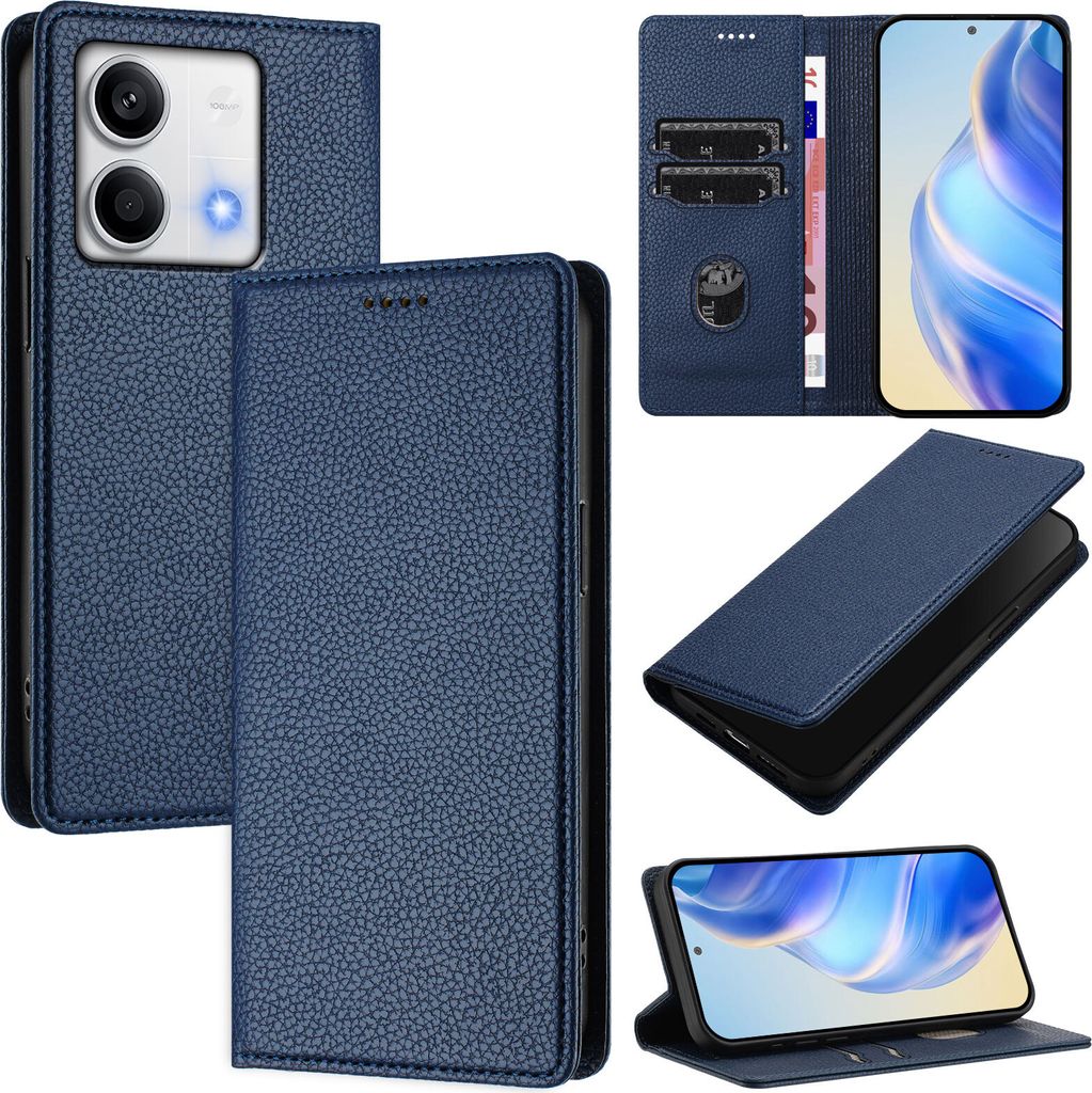 Litchi Leder Handyhülle für Xiaomi Redmi Note 13 5G Wallet Kartenfächer Standfunktion Hülle Blau