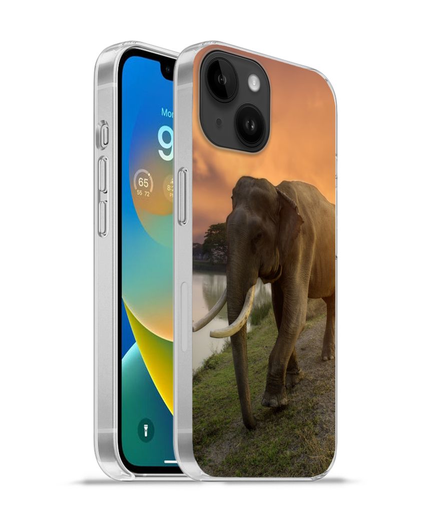 MuchoWow Handyhülle Schutzhülle Hülle für Apple iPhone 14 - Softcase Elefant - Wasser - Tiere - Sonnenuntergang - Natur Silikon Softcase Hand...