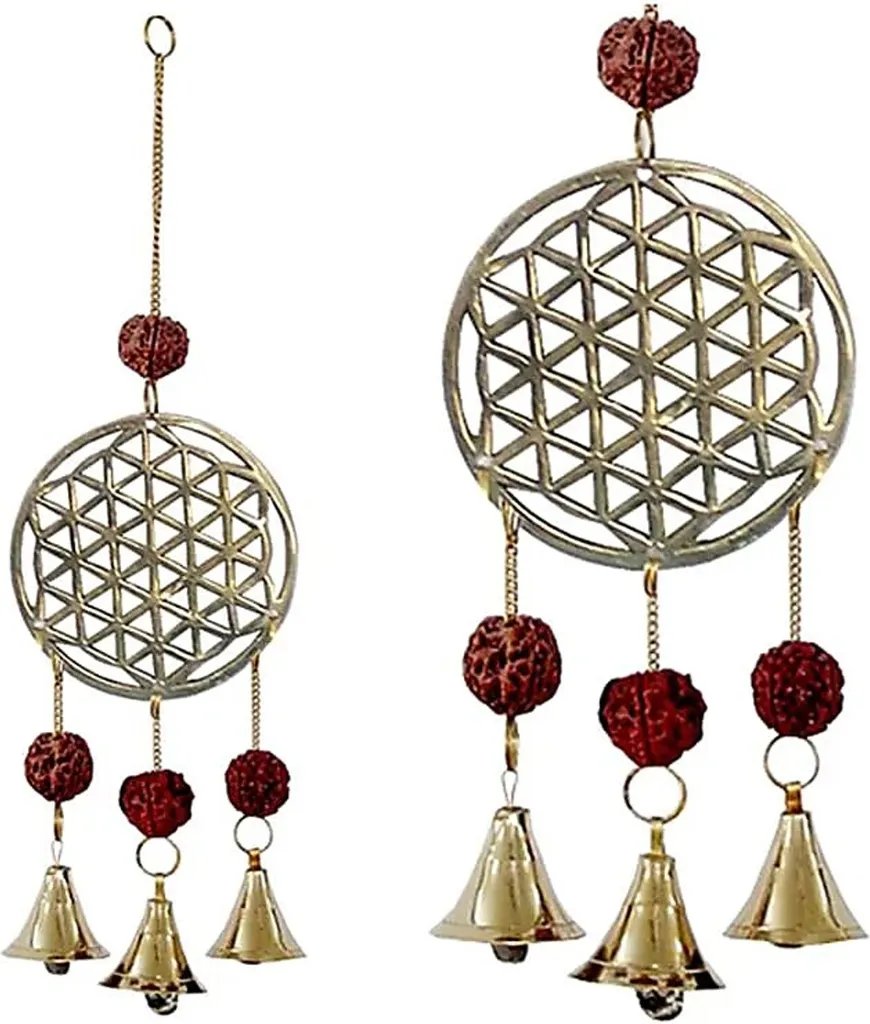 Double Carillon Fleur de Vie 27cm, Ornements Perles Rudraksha et Métal