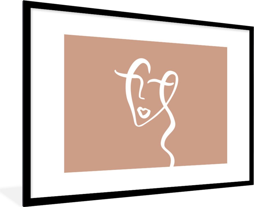 MuchoWow Gerahmtes Poster Gesicht - Abstrakt - Weiß - Braun 90x60 cm - Poster mit Schwarzem Bilderrahmen Wandposter Rahmen Foto Bilder - Wanddek...