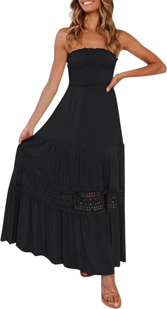 ASKSA Damen Sommer Kleider Bandeau Kleid Lang Schulterfreies y TraeGerlos Off Shoulder RueCkenfrei Spitzenbesatz Maxikleid (Schwarz,XL)