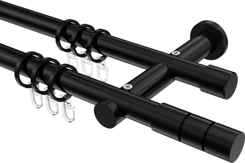 Interdeco Gardinenstange / Vorhangstange Schwarz, Typ Platon Elanto (Rillenzylinder), 20 mm Ø 2-läufig, 520 cm