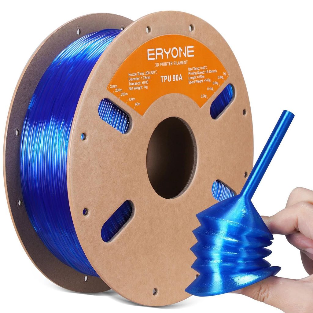 TPU Filament 1,75 mm für 3D Drucker - TPU A90 - Shore 90A - Flexibel - Maßhaltigkeit ±0,03 mm - 1 kg Spule - Transparent Blau