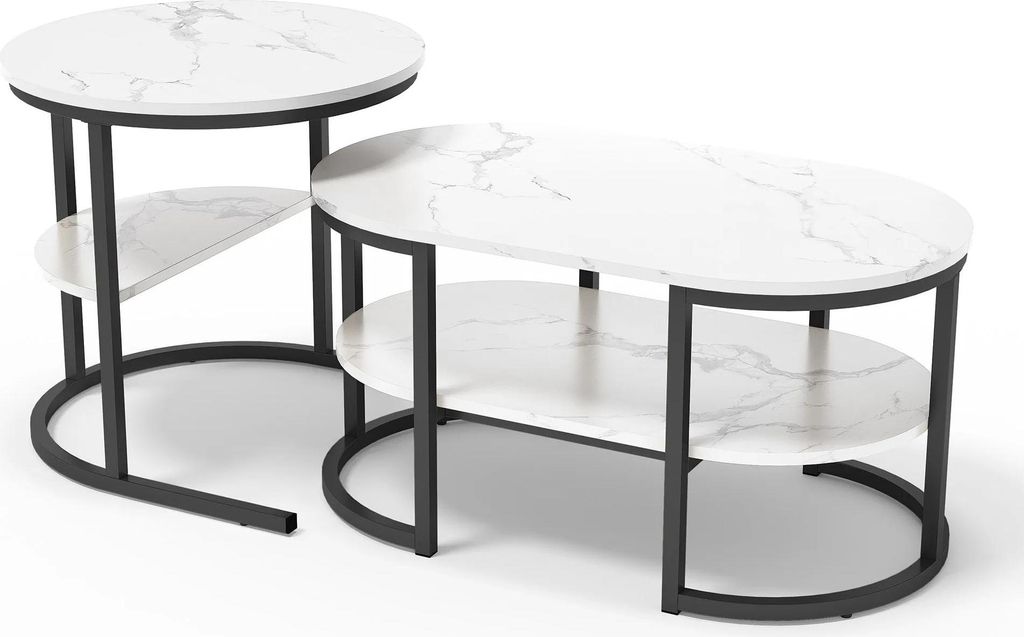 2er Set Couchtische - Rechteckig - Tischplatte in Marmoroptik - Stabiler Metallrahmen - Ohne Rollen - Montage erforderlich - Schwarz