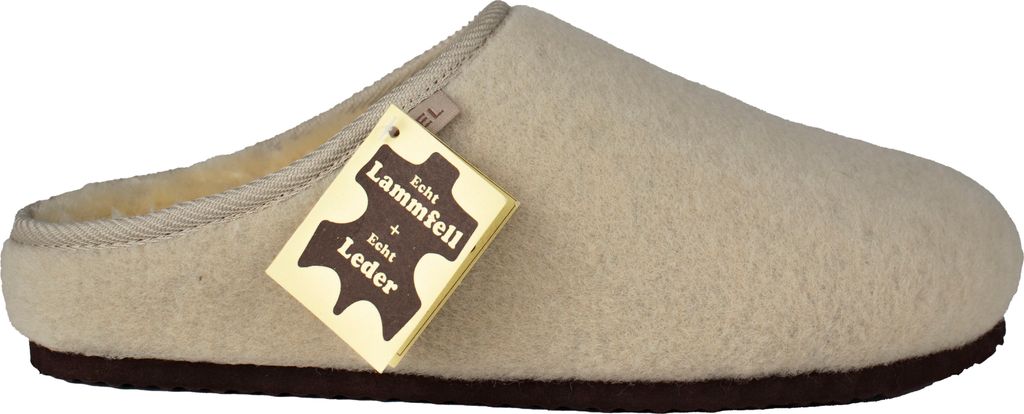 Lammfell Hausschuh Modell FEFI mit Filzoberfläche und Produktbild 