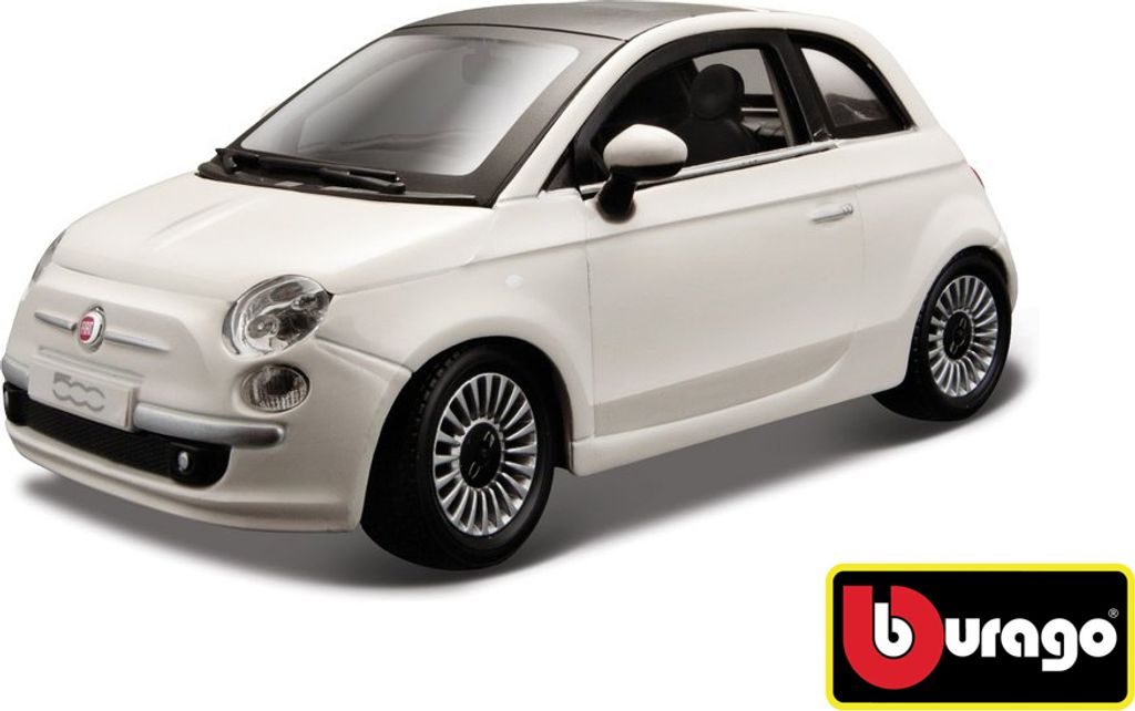 A white Bburago Fiat 500 2007 model car is shown from a side-angle on a white background.