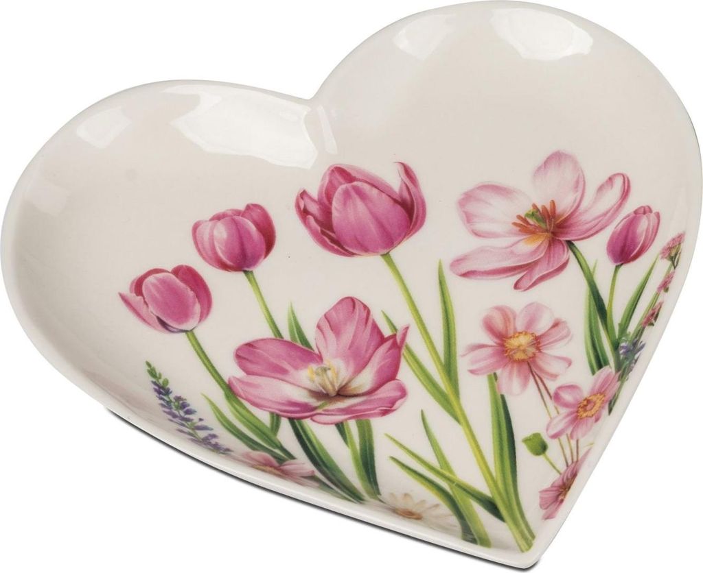 Dekoteller Blumenzeit in Herzform D. 16cm weiß rosa aus Porzellan Formano WA