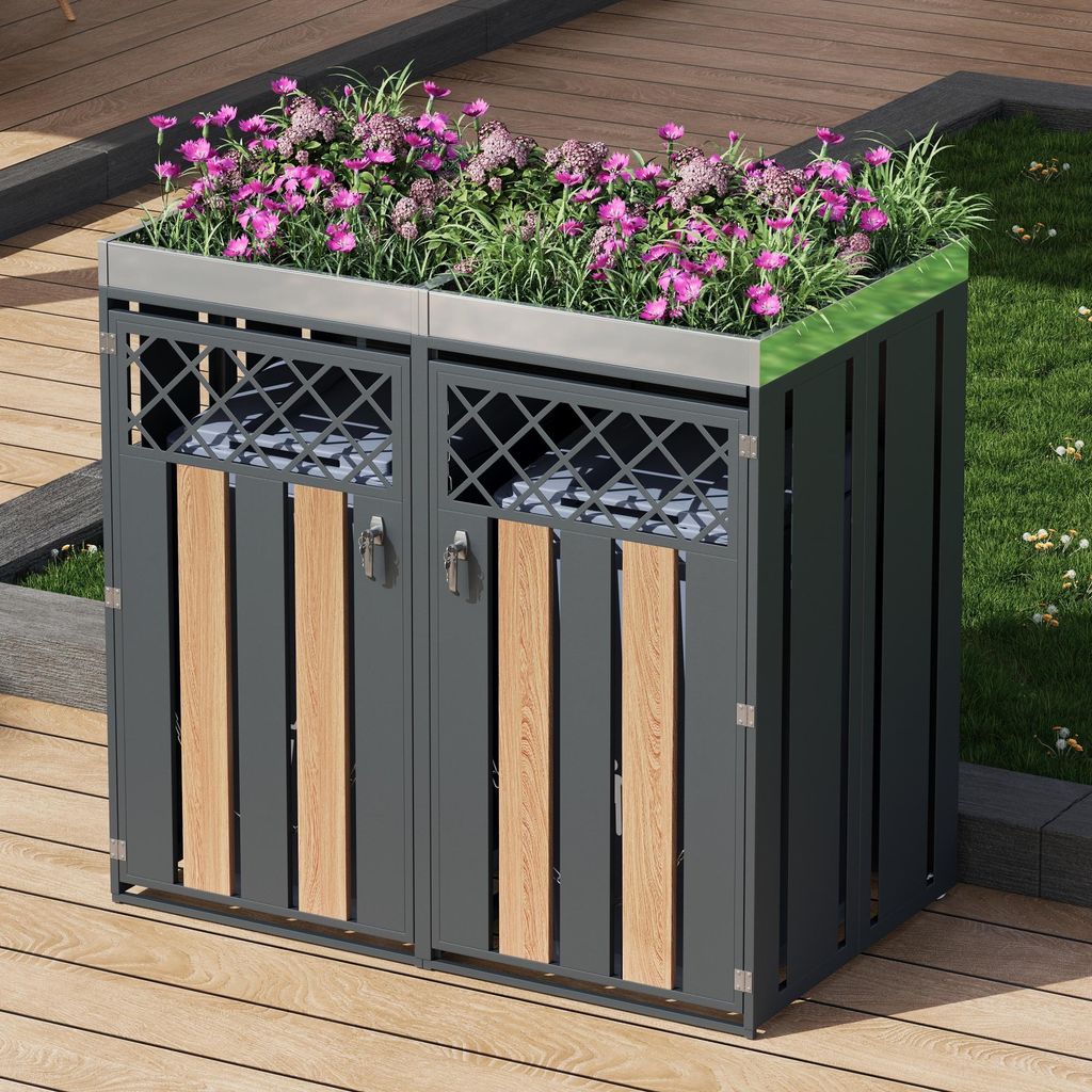 2er-Mülltonnenverkleidung, Mülltonnenbox,rautenförmigen Belüftungslöchern, trash storage compartments, Abschließbar,Pflanzfläche,Anthrazit-E...