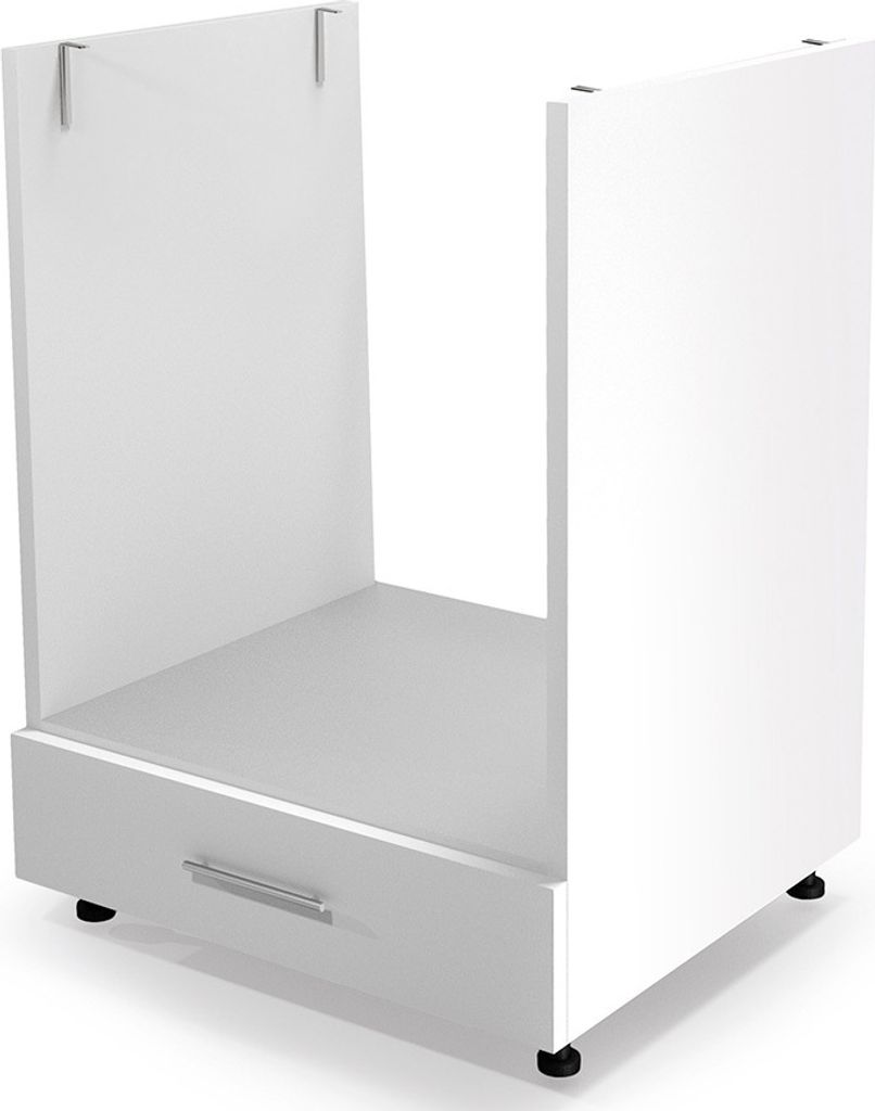 A white kitchen cabinet base with a drawer, shown from a three-quarter front view against a white background.