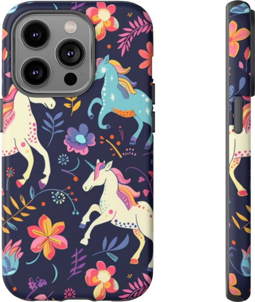 Bunte Einhörner und Blumenmuster – Hülle Kompatibel mit iPhone 14 Pro