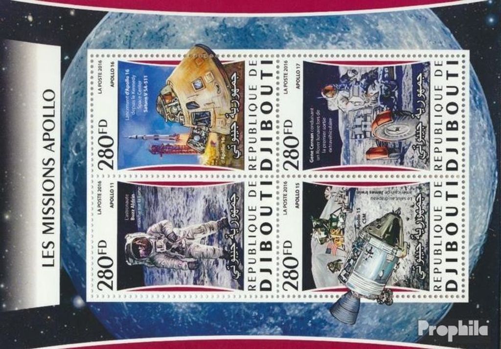 Briefmarken Dschibuti 2016 Mi 1089-1092 Kleinbogen (kompl. Ausg.) postfrisch Apollo-Missionen
