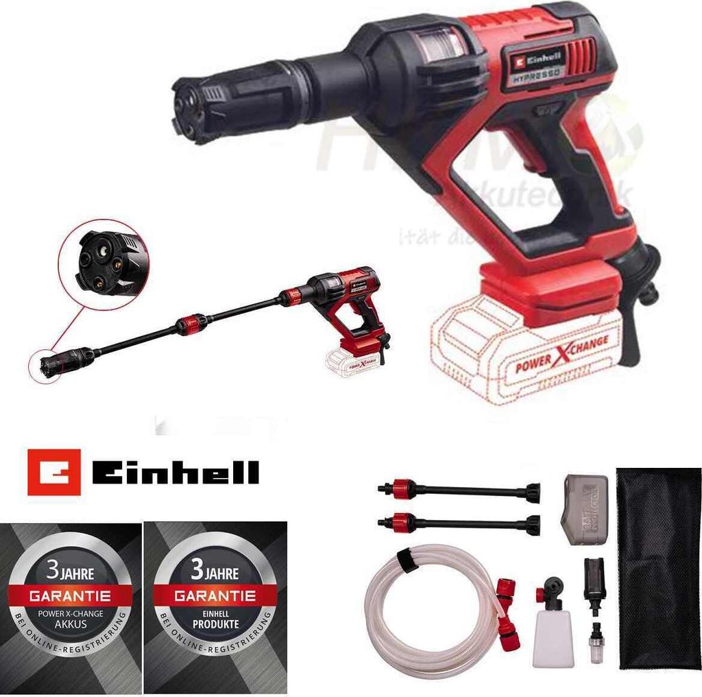 A collage of images showcasing a cordless pressure washer and its accessories, along with warranty information.