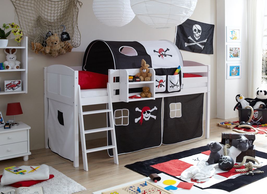Hochbett "Eric" Country Kiefer Weiß Motiv (Pirat Schwarz-Weiß)