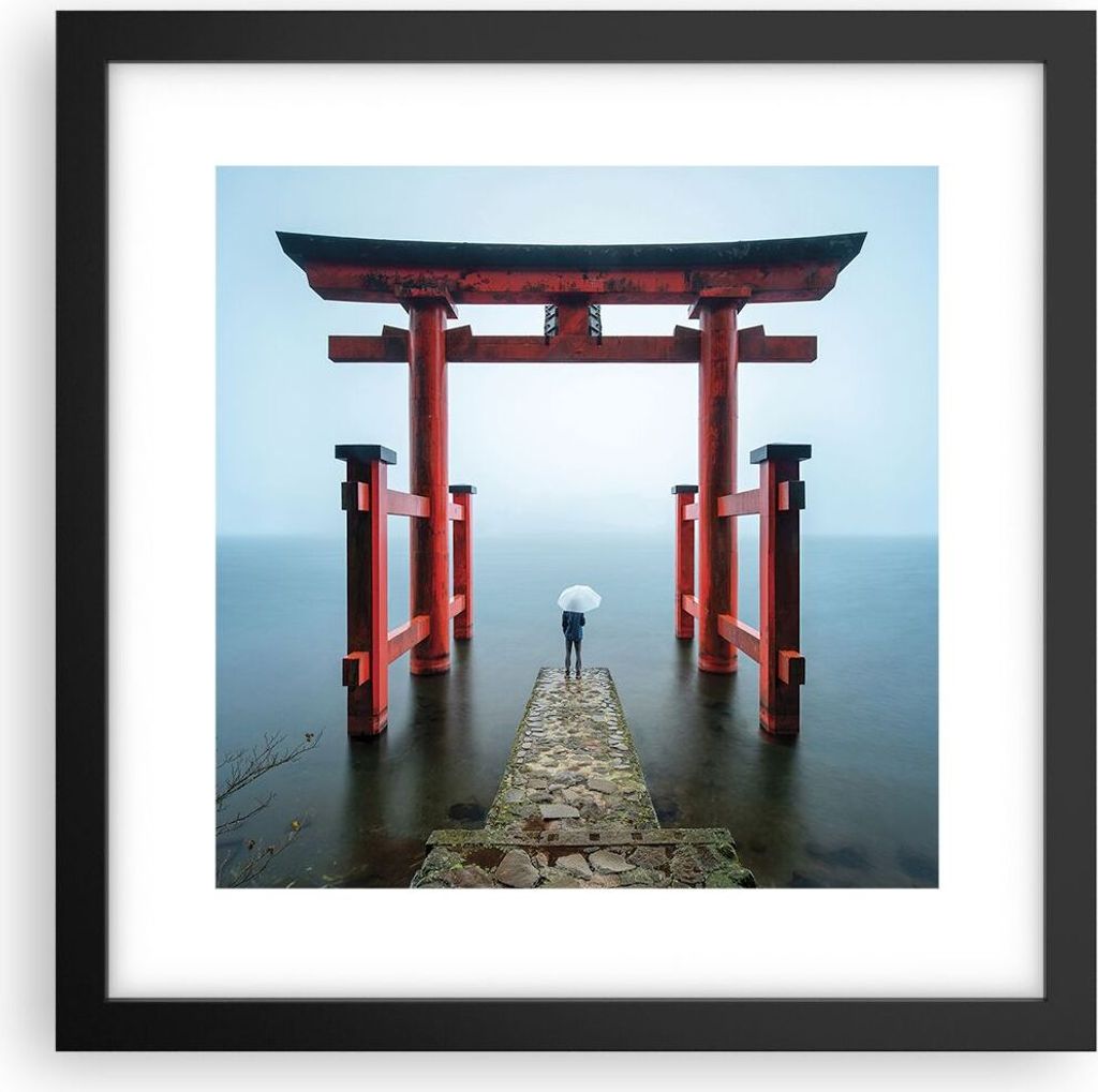 Gerahmtes Poster - Schwarzer Rahmen - Itsukushima-Jinja Tempel Regenschirm - 30x30 cm - Wand Bild - Wanddeko - Wandbilder - Wandposter - Bilderrahm...