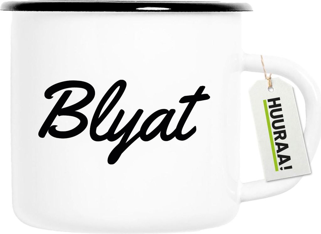 Huuraa Emaille Tasse Blyat russisch Schriftzug 300ml Vintage Campingbecher Geschenkidee