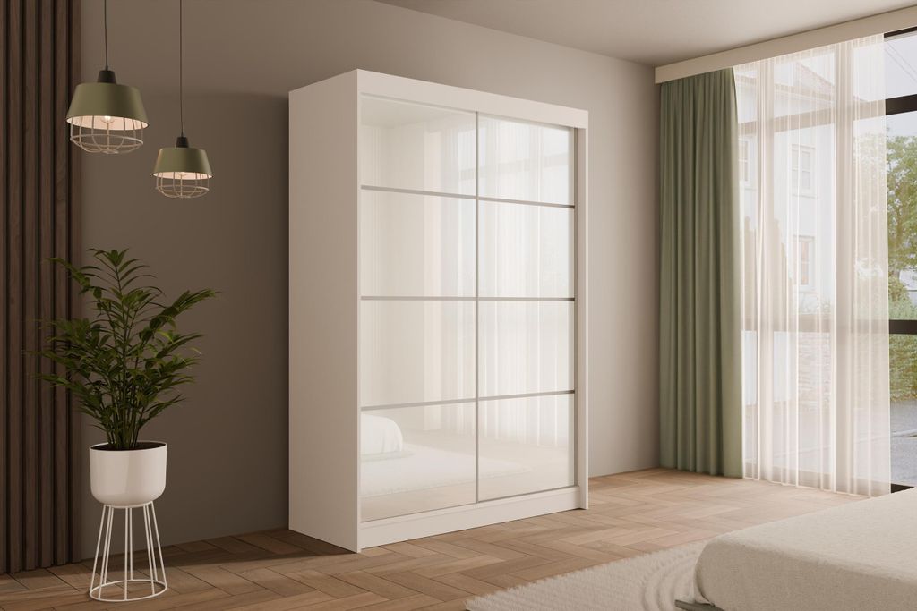 ALTDECOR Kleiderschrank mit Lacobel-Schiebetüren, kugelgelagerte Führungsschienen und Aluminium-Leisten - PEKA3 - 120 cm Weiß / Weiß