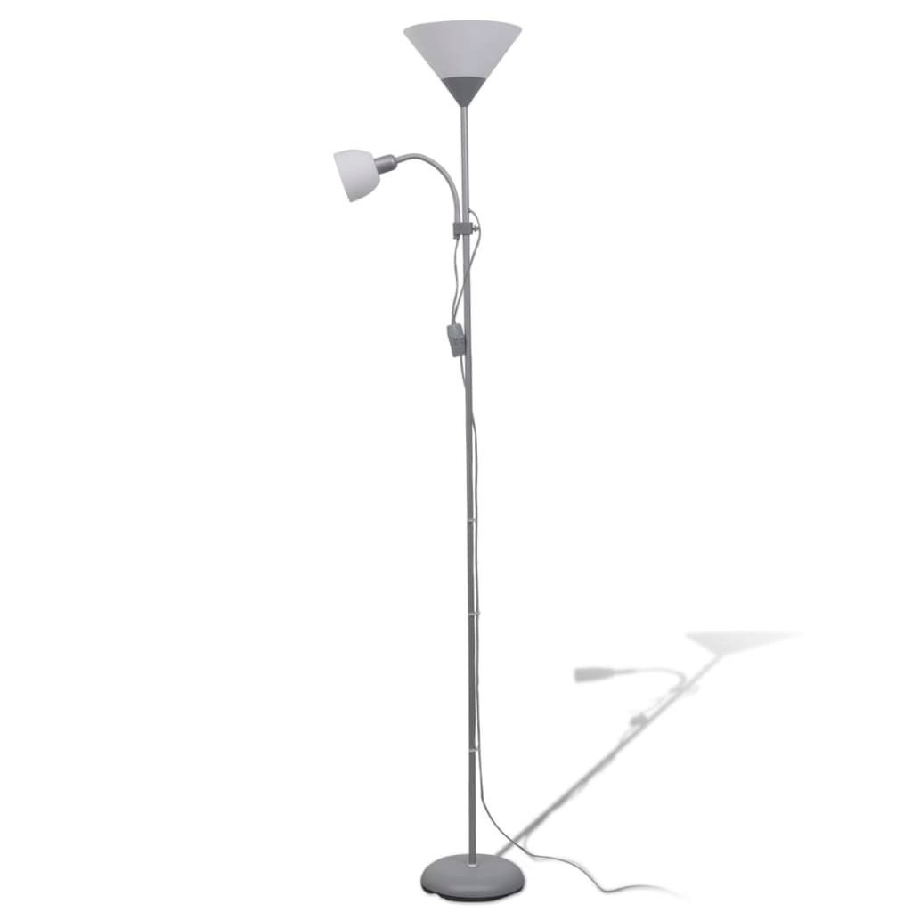 A floor lamp with two lights, one at the top and a smaller adjustable one below, is shown against a white background.