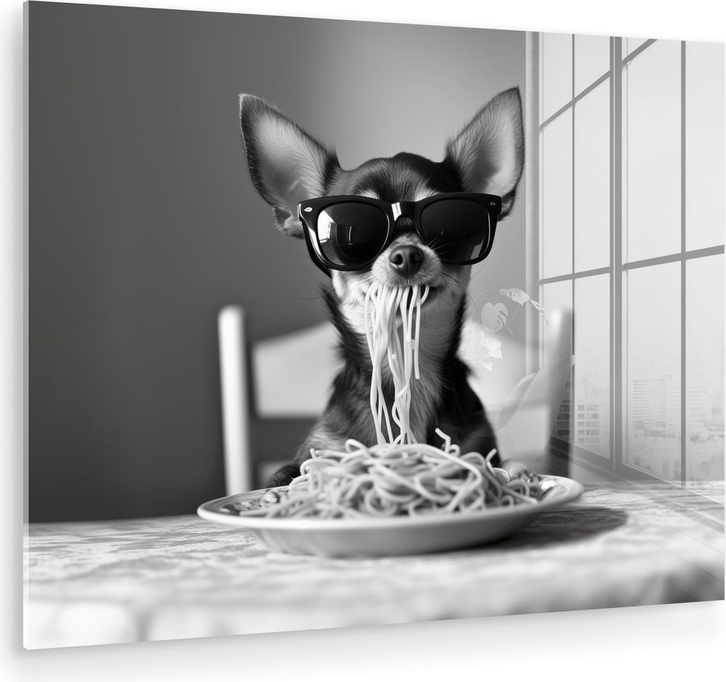 MuchoWow Glasbilder - Bilder auf Wandbild - Foto auf Glas Chihuahua - Hund - Sonnenbrille - Humorvoll - Schwarz - Weiß - Spaghetti 40x30 cm Wandde...