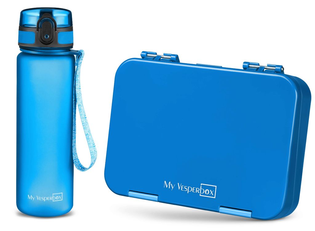 Len Brotdosen-Set Team Blau, auslaufsicher, mit flexibler Aufteilung und 750ml Flasche für Schule & Kindergarten