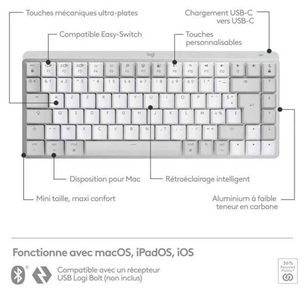 Logitech MX Keys Mini pour Mac Clavier AZERTY Bluetooth Rétroéclairé Gris - 7