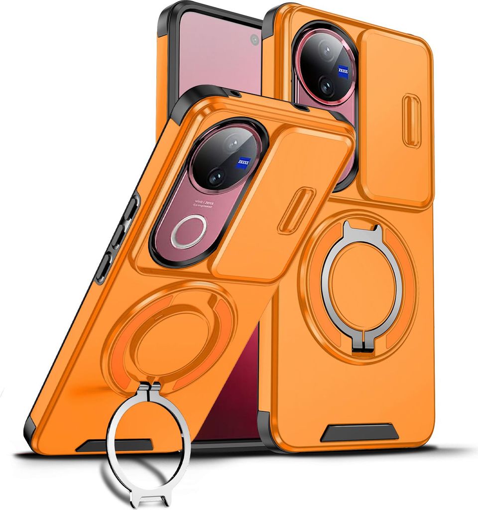 Handyhülle für vivo V50 Dual-Layer Stoßfest Militär Hülle mit Dia Kameraschutz und Magnetisch Ring Ständer Orange