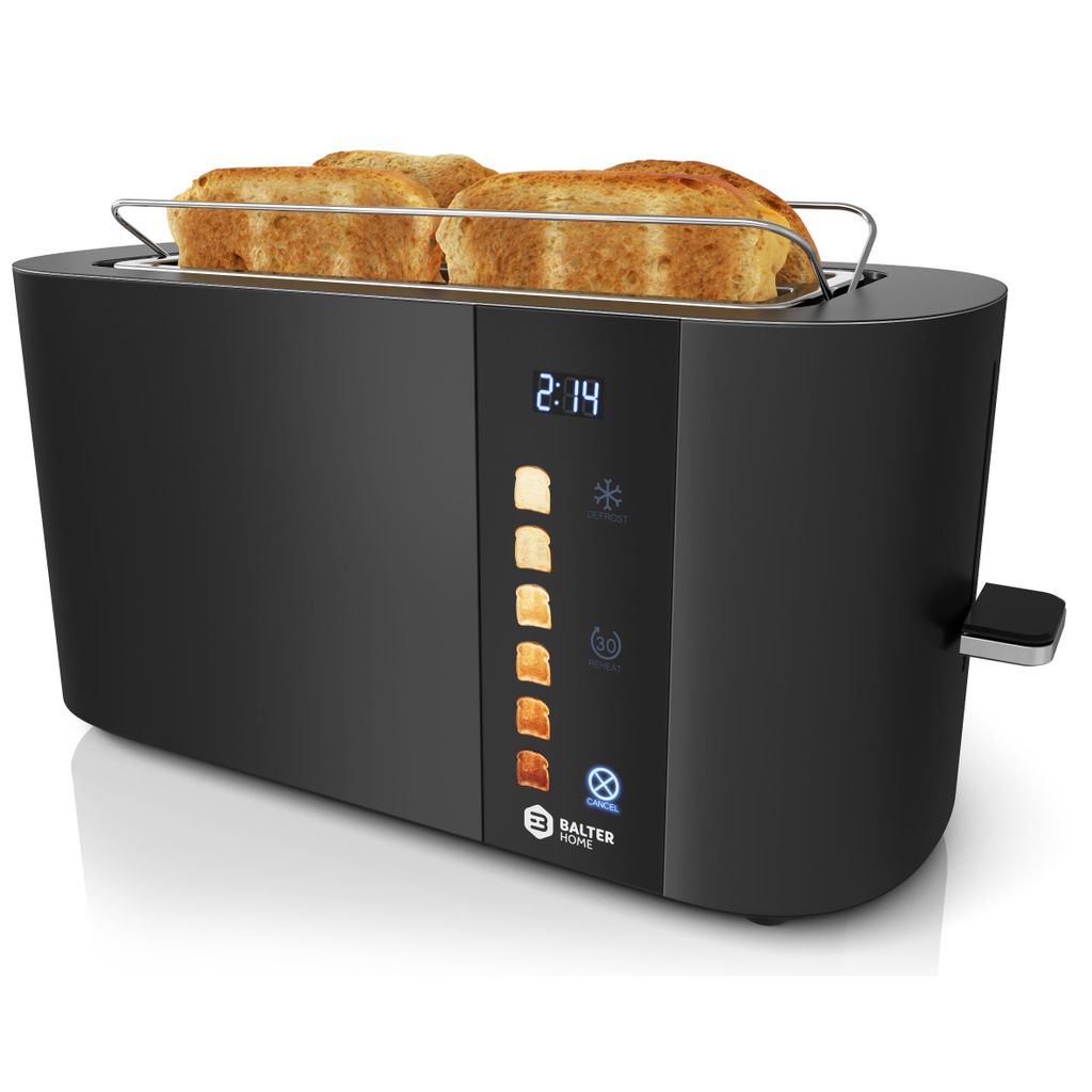 Balter Toaster 4 Scheiben, Touch Bedienung, Langschlitz, Edelstahl, Brötchenaufsatz, LCD Display Langschlitztoaster, Auftaufunktion, Schwarz