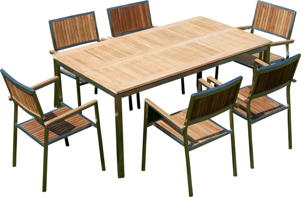 ALEOS. Gartengarnitur Edelstahl Teak Set: Tisch 160x90 cm + 6 Teak Sessel Serie KUBA A-Grade Holz Serie KUBA Gastroqualität