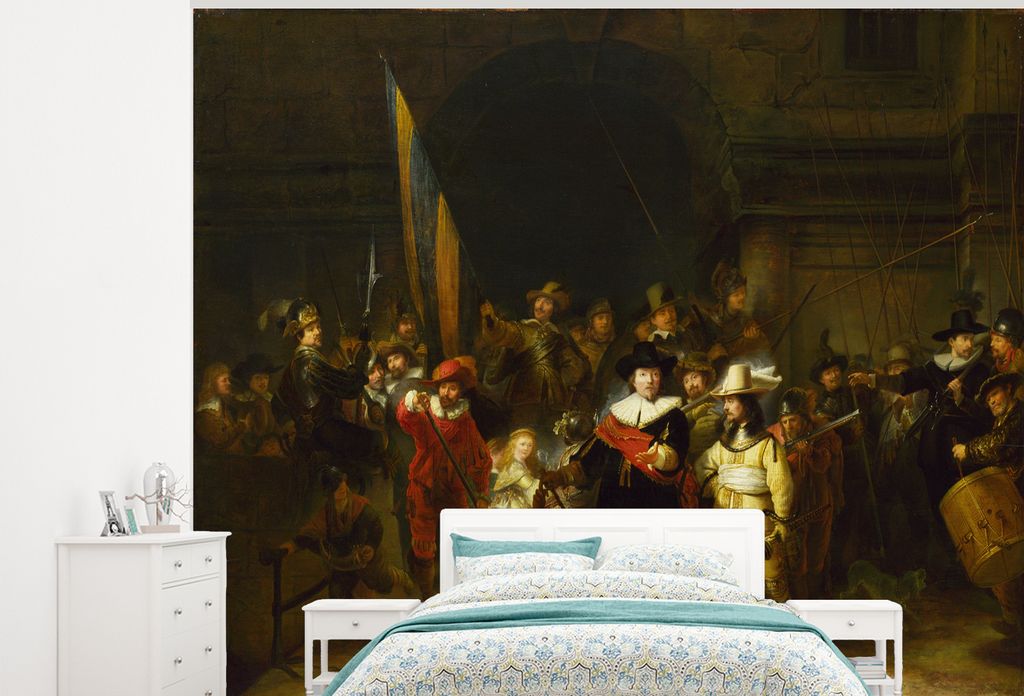 MuchoWow Fototapete für Wohnzimmer oder Schlafzimmer Wandtapete Vinyl Motivtapete Die Nachtwache - Rembrandt van Rijn - 275x220 cm - Gemustert