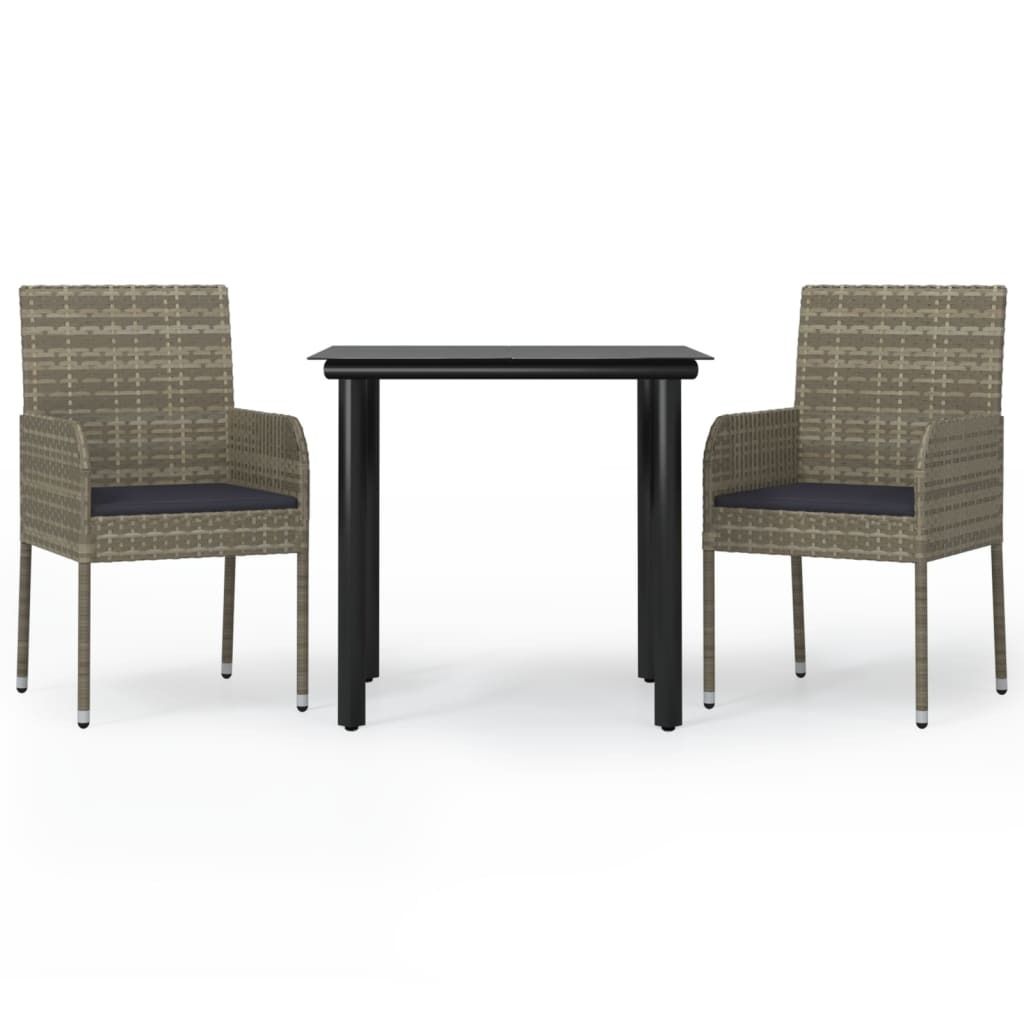 3-tlg. Garten-Essgruppe mit Kissen Schwarz und Grau Poly Rattan