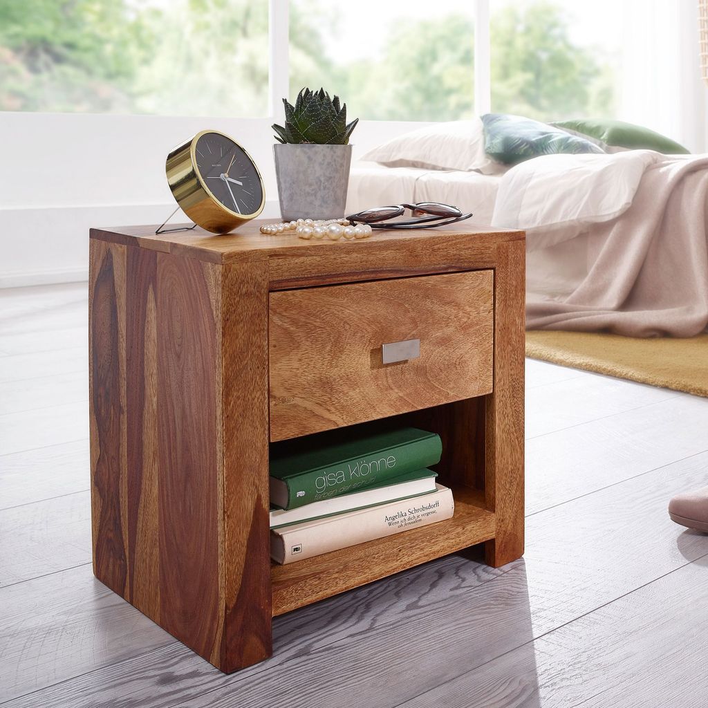 FineBuy Nachttisch Sheesham Massivholz mit Schublade und Ablage – Nachtkonsole im Landhaus Natur Design, handgefertigt – Nachtkästchen 40x40x3...
