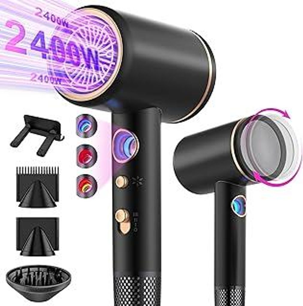 Tisoutec Föhn,Fön,Haartrockner Profi Ionen mit AC Motor 2400W Reisefön Diffusor|Haarfön 4-in-1|Heiß-/Kalttaste|2 Heiz&3 Geschwindigkeitsstufen...