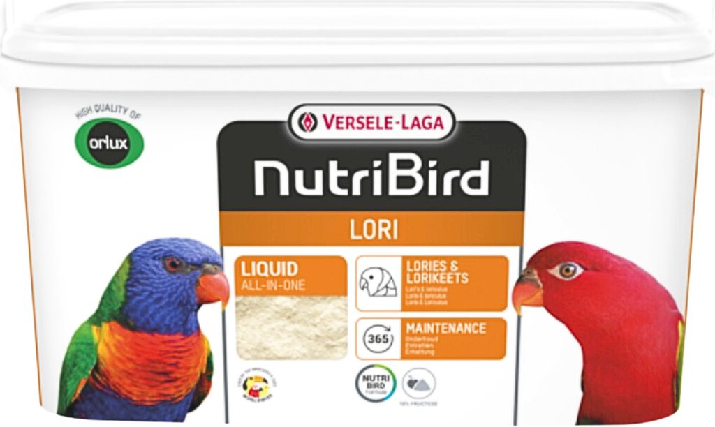 A product container for bird food, featuring images of two parrots.