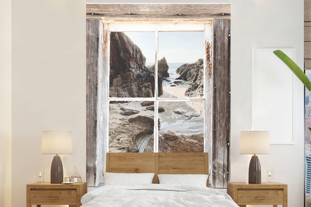 MuchoWow Fototapete für Wohnzimmer oder Schlafzimmer Wandtapete Vinyl Motivtapete Durchblick - Holz - Strand - 155x240 cm - Tapete
