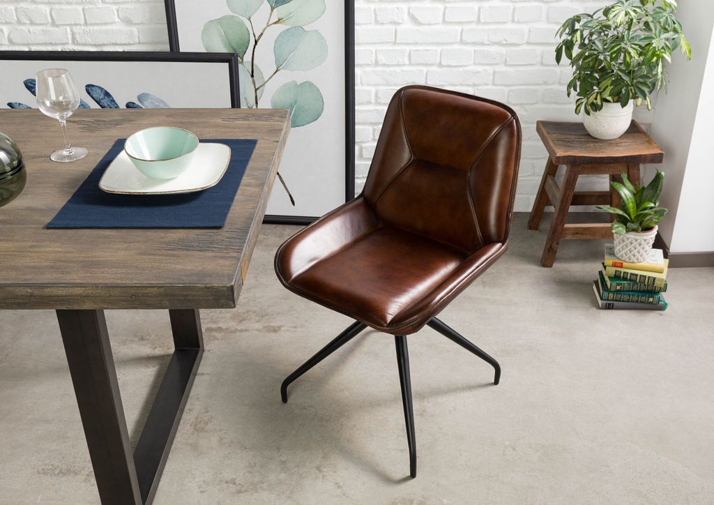 MASSIVMOEBEL24 Stuhl Echtleder 49x56x83 braun IRON LABEL #108