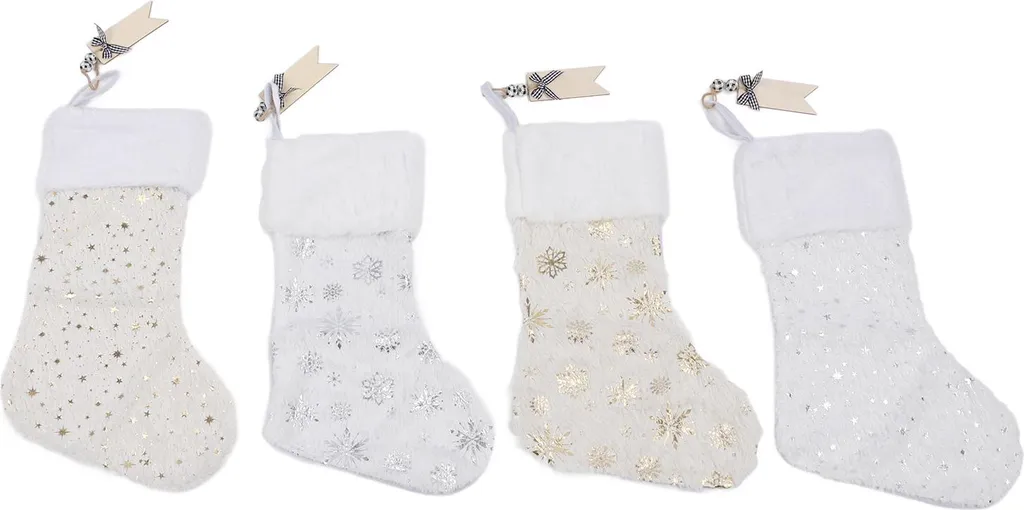 4 Calze Natale Gold Snowflake - Edizione Lusso con Pendenti Legno