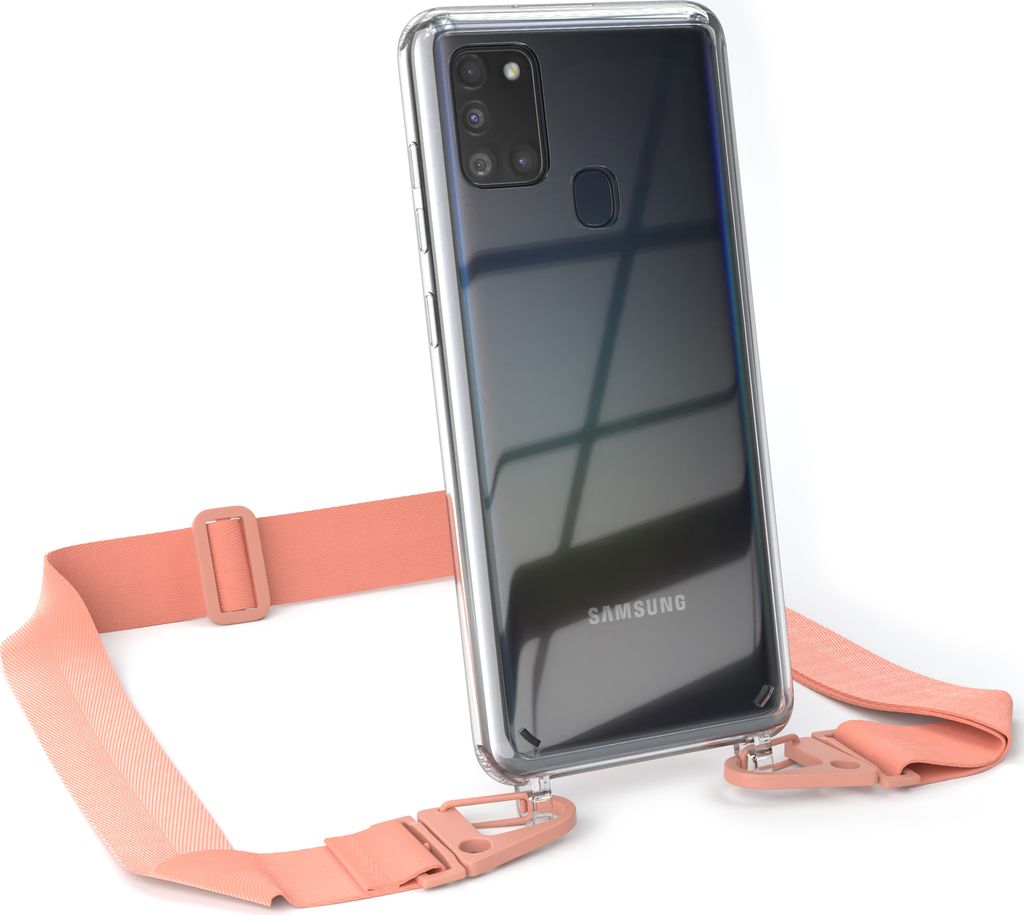 EAZY CASE - Hülle mit Band für Samsung Galaxy A21s, Handyhülle mit Umhängeband, Silikonhülle transparent, Handykette in Orange