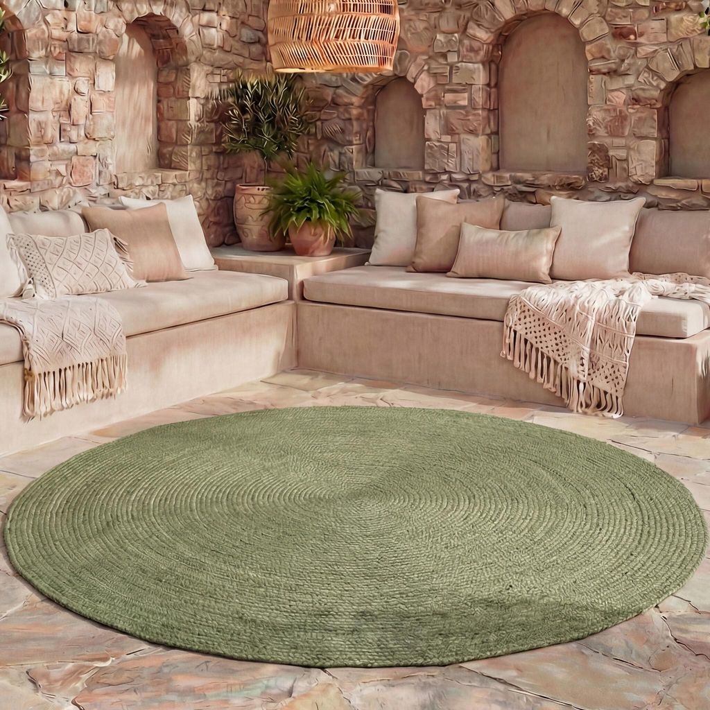 Volero - Outdoor Jute Teppich Rund - Bali Grün - Ø 120 cm - Wohnzimmer, Esszimmer, Balkon, Garten, Terrasse - Boho, Ländlich
