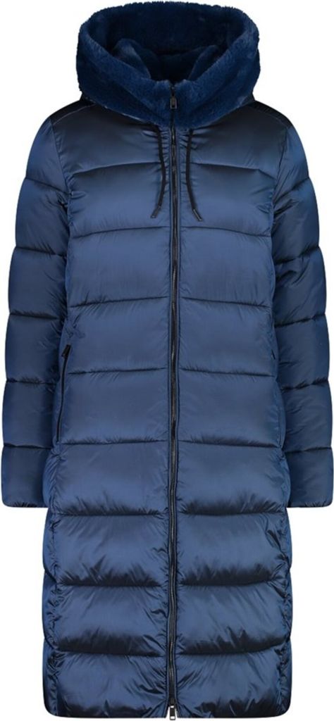 A studio shot of a blue puffer coat.