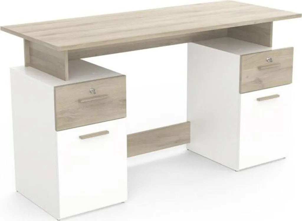 Bureau d'angle droit PLATON style scandinave bois chêne et blanc