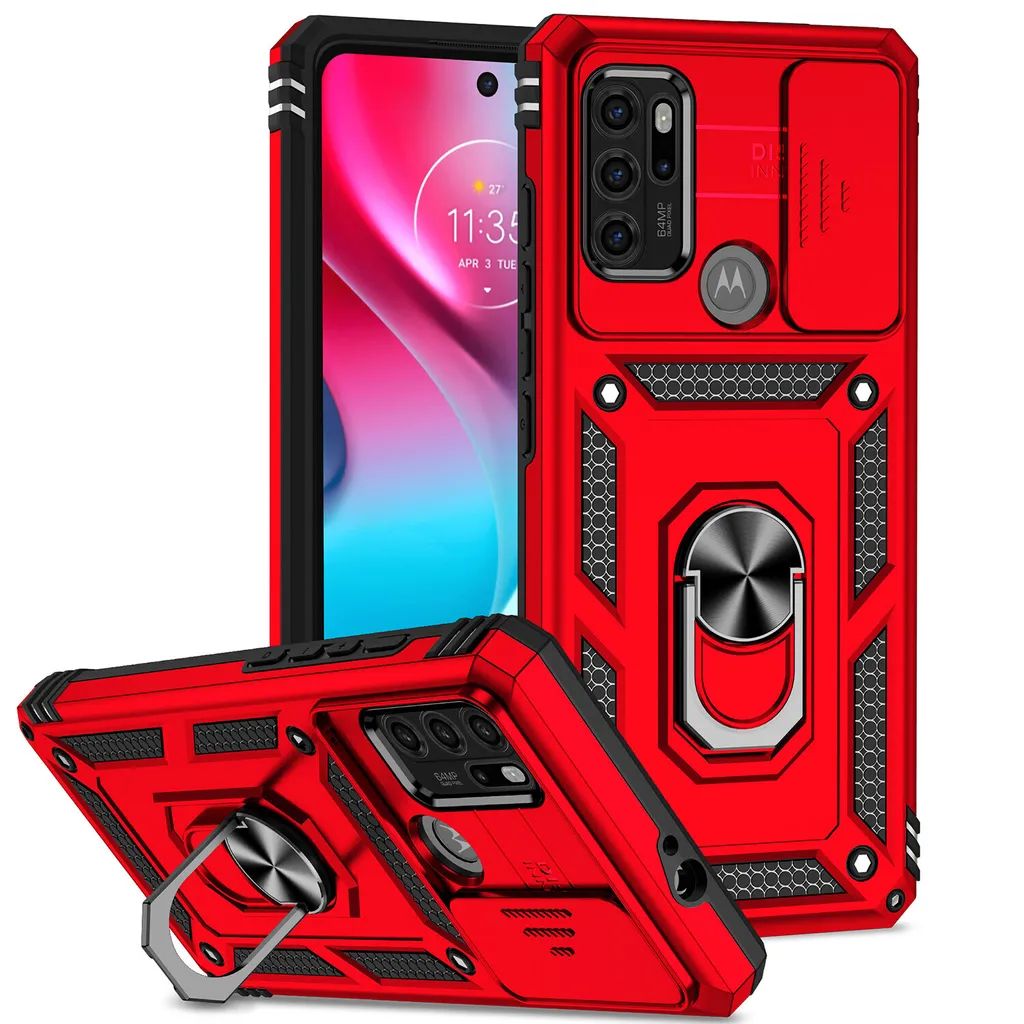 Custodia per Motorola Moto G60S a doppio strato con copertura scorrevole della fotocamera e supporto ad anello rosso