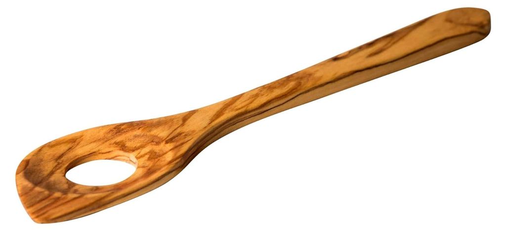 Spitzkochlöffel mit Loch aus Olivenholz, handgefertigt