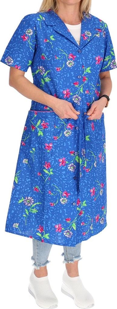 Knopfkittel Baumwolle mit Arm bunt Kochschürze Hauskleid Kittel Schürze Gürtel, Farbe:Blau, Größe:34