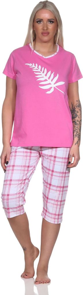 Eleganter Damen Capri Pyjama mit karierter ¾ Hose und Frontprint ; pink , 40