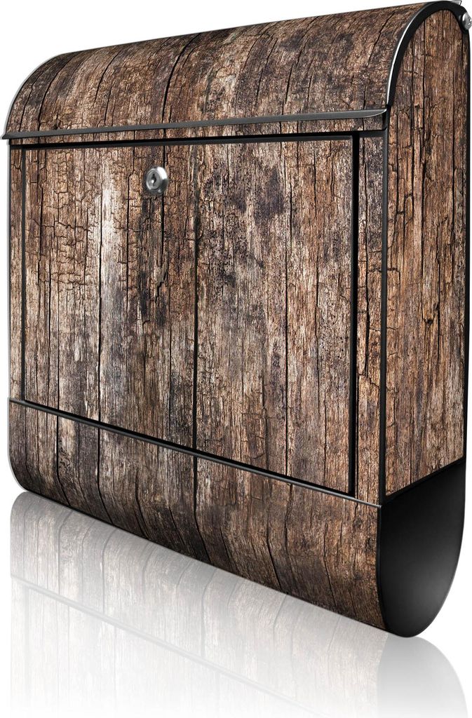 banjado Design Briefkasten Stahl schwarz mit Zeitungsfach pulverbeschichtet "Altes Holz" 38x46x12,5cm & 2 Schlüssel - Postkasten A4 Einwurf inkl. ...