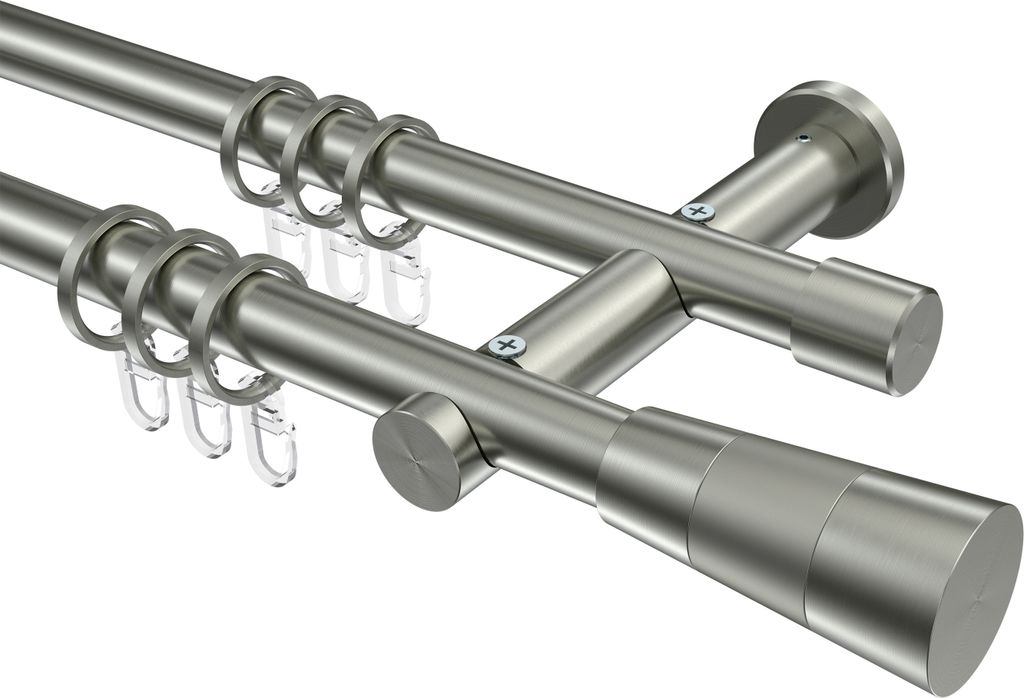 Interdeco Gardinenstange / Vorhangstange Edelstahl-Optik, Typ Platon Tanara (Konus Bicolor), 20 mm Ø 2-läufig, 280 cm