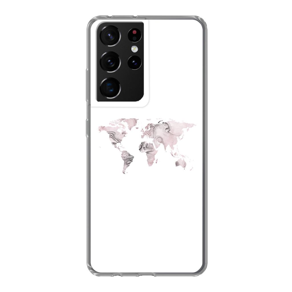 MuchoWow Handyhülle Schutzhülle Hülle für Samsung Galaxy S21 Ultra Weltkarte - Marmor - Grau Silikon Softcase Handy Hülle - Mobiltelefon
